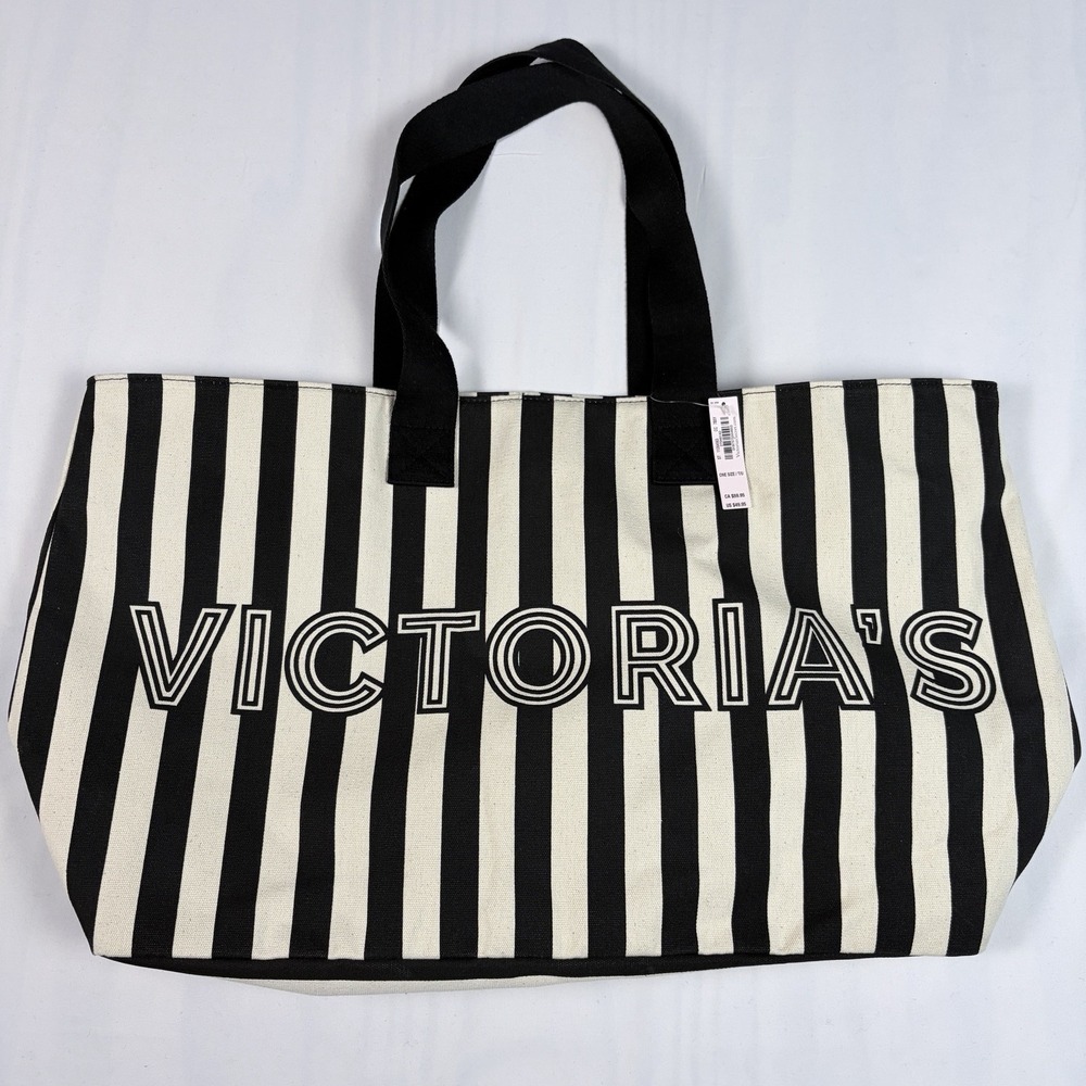 NWT VICTORIA'S SECRET BLACK IVORY STRIPE LOGO ZIPPER TOTE BAG Chic Paris ArtDeco